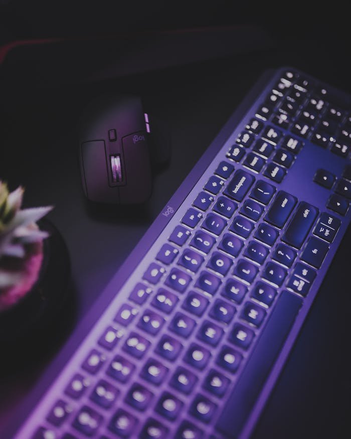 Stylish computer setup featuring a backlit keyboard and mouse on a dark desk.