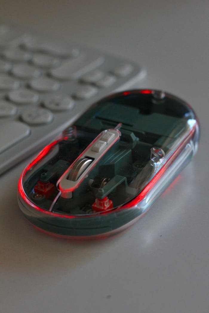 Close-up of a translucent computer mouse with red LED lights beside a keyboard.